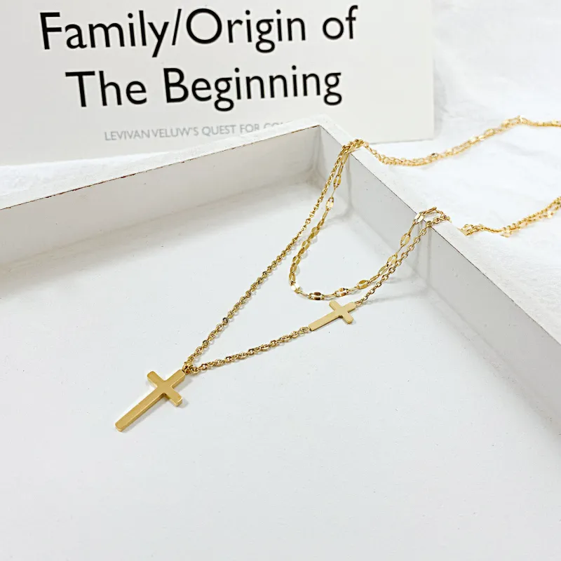 Jewelry Factory Fashion Double-Layer Titanium Steel Necklace Trendy Stainless Steel Cross Necklace