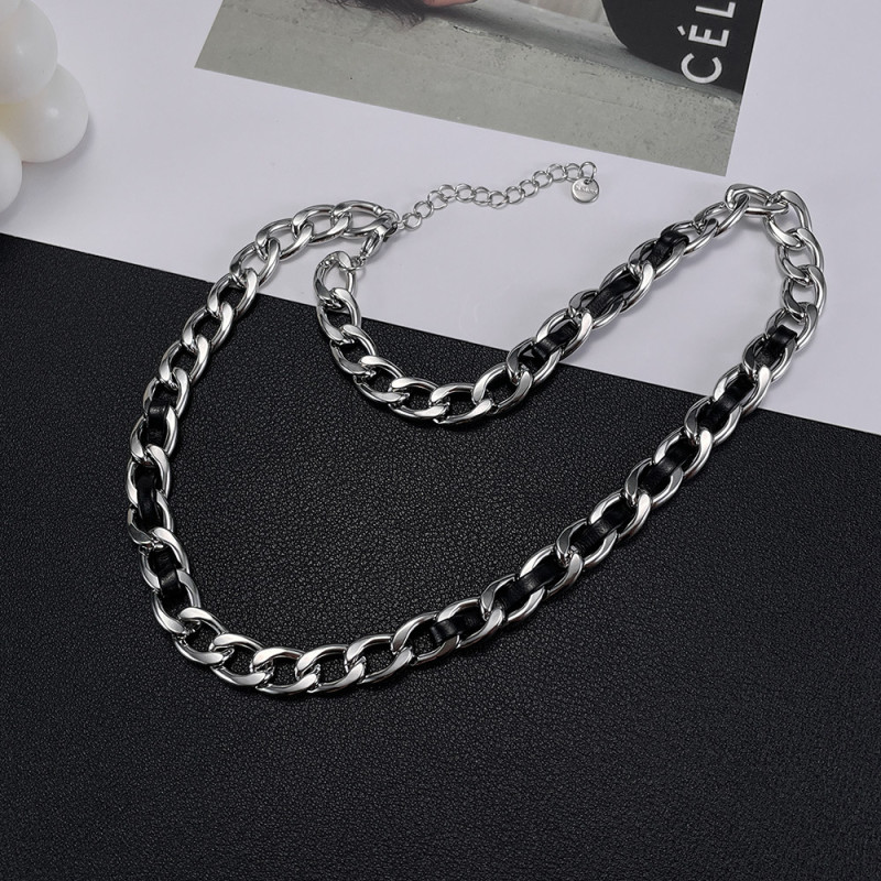 Ornament Factory Personality Advanced Stainless Steel Hip Hop Tide Leather Winding Cuban Link Chain Necklace