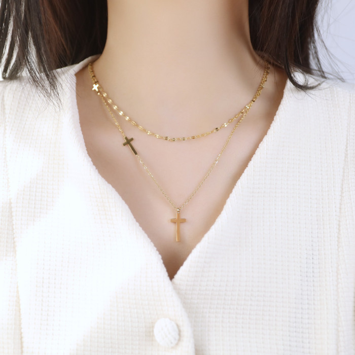 Jewelry Factory Fashion Double-Layer Titanium Steel Necklace Trendy Stainless Steel Cross Necklace