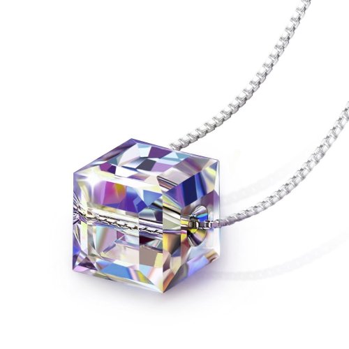 Austrian Crystal Light Elves Necklace Cube 925 Silver Box Chain Girlfriend Gift Valentine Romantic 8mm 40+5mm