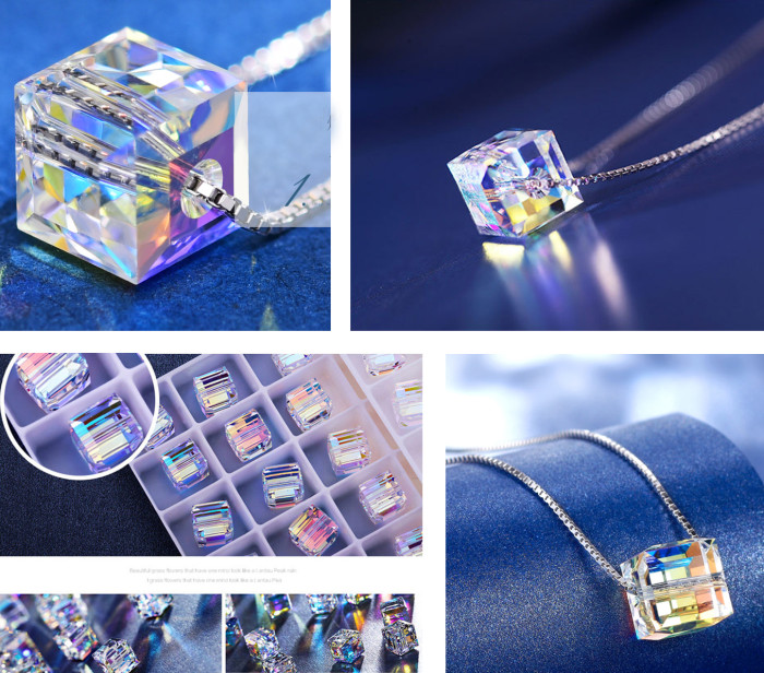 Austrian Crystal Light Elves Necklace Cube 925 Silver Box Chain Girlfriend Gift Valentine Romantic 8mm 40+5mm
