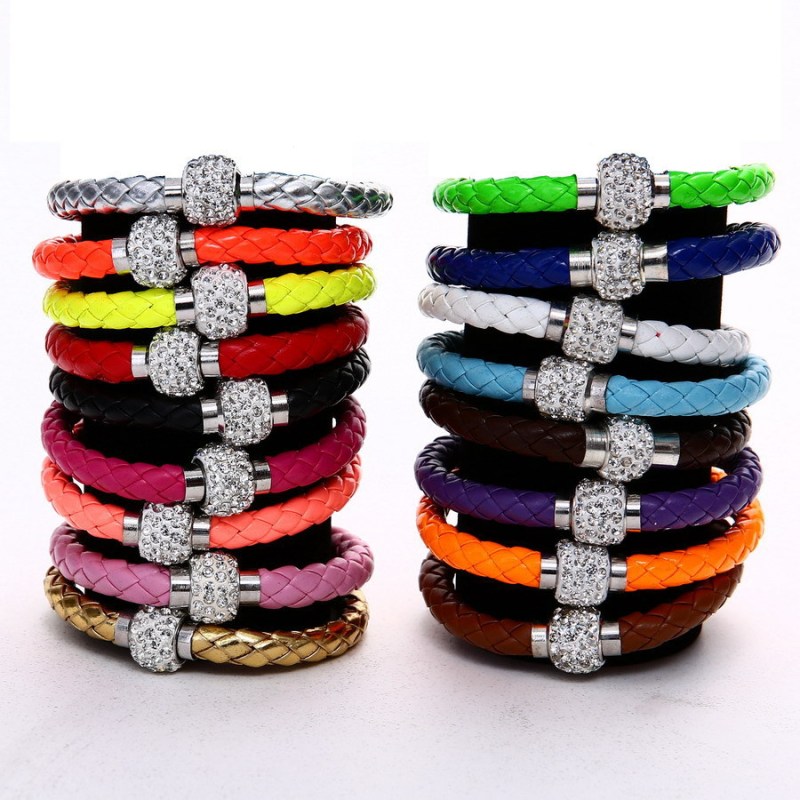 Fashion Colorful Crystal Magnetic Clasp PU Leather Bracelet Women Men Jewelry  Bijoux