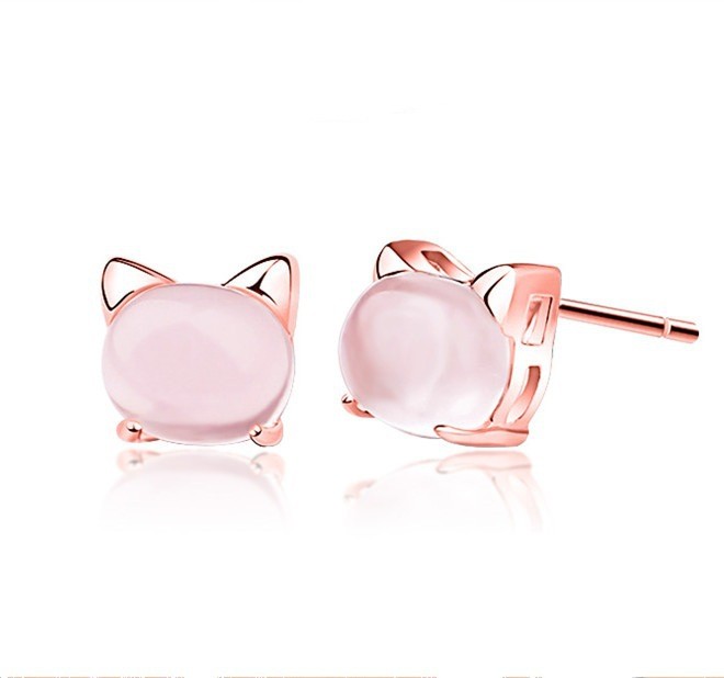 Korea Style Fashion Rhinestone Opal Small Cat Stud Earrings for Girls Party Wedding Luxury Without Pierced Earrings