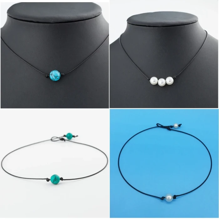 Fashion Green Blue Turquoises Pearl Charms Choker Necklace on Leather Cord for Women Men Handmade Jewelry Gifts