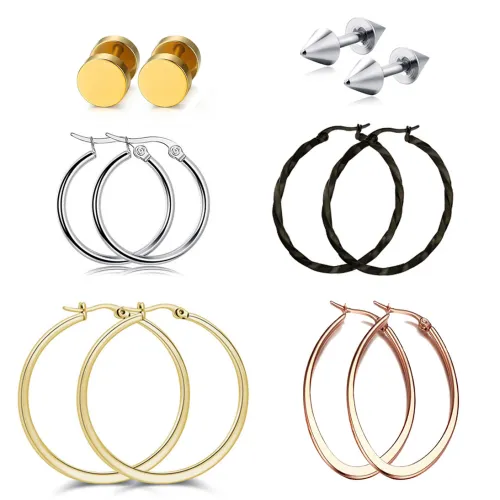 Punk Stainless Steel Hoop Earrings Set for Men Women Gothic Round Street Pop Hip Hop Ear Stud Piercing Jewelry