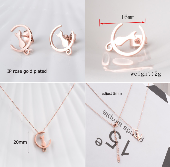 316 Stainless Steel Cat Earrings Necklace Sets for Women Gold Hollow Collar Chain jewerly Gift