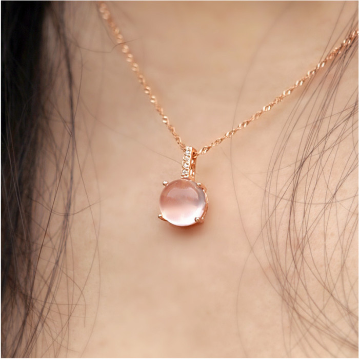 Women's Pink Stone Rose Gold Plated Ross Quartz Pendant Necklace Gift Jewelry