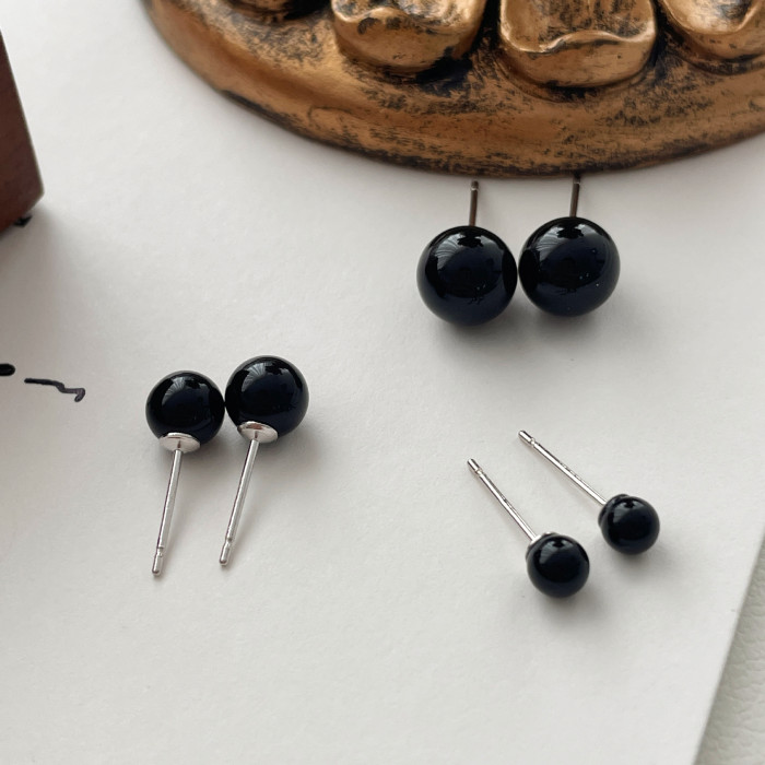 Black Agate Stone Stud Earrings for Women Mens Medical Titanium Piercing Jewelry Simple Round Onyx Ball Ear Lobe Accessories