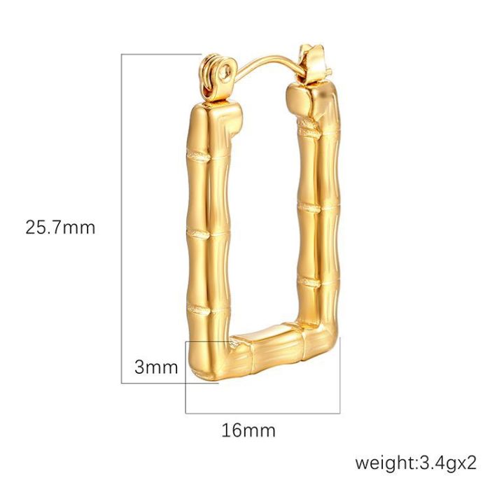 316L Stainless Steel Gold Plated Metal Texture Bamboo Rectangular Hoop Earrings Waterproof Minimalist Trendy Women Jewelry
