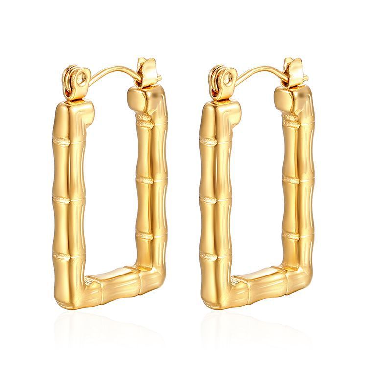 316L Stainless Steel Gold Plated Metal Texture Bamboo Rectangular Hoop Earrings Waterproof Minimalist Trendy Women Jewelry