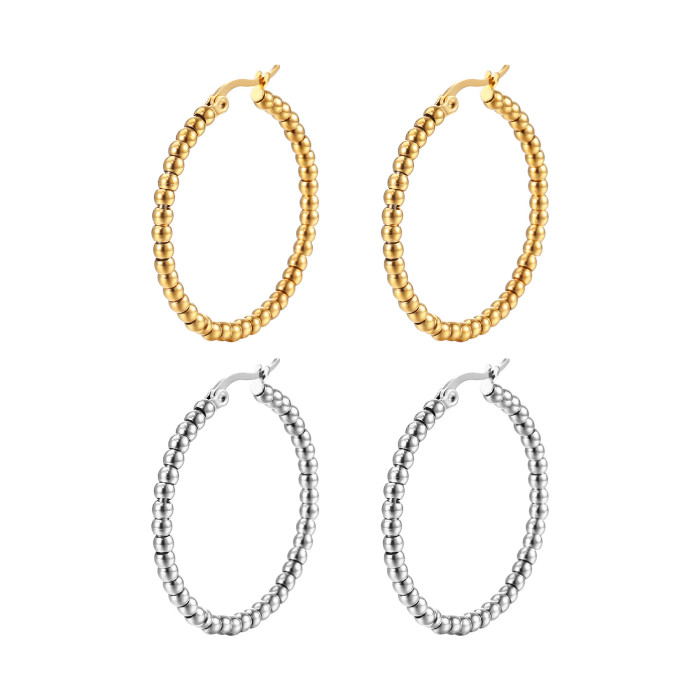 Hyperbole Stainless Steel Beaded Hoop Earrings Women Round Circle Ear Huggie Gold Color Accessorie Aretes Christmas