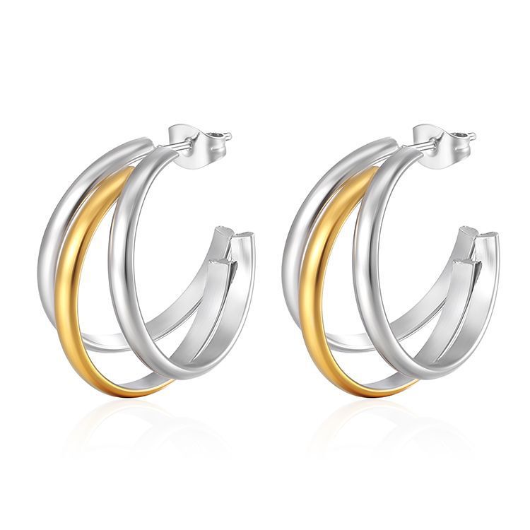 Multilayer C Shape Circle Hoop Earrings for Woman Stainless Steel 18K Gold Plated Waterproof Jewelry