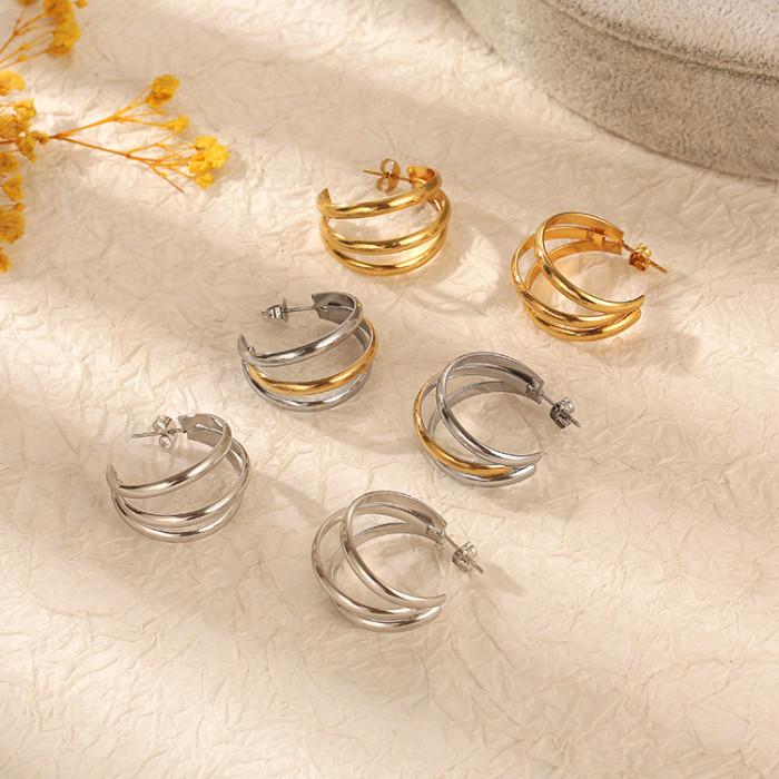 Multilayer C Shape Circle Hoop Earrings for Woman Stainless Steel 18K Gold Plated Waterproof Jewelry