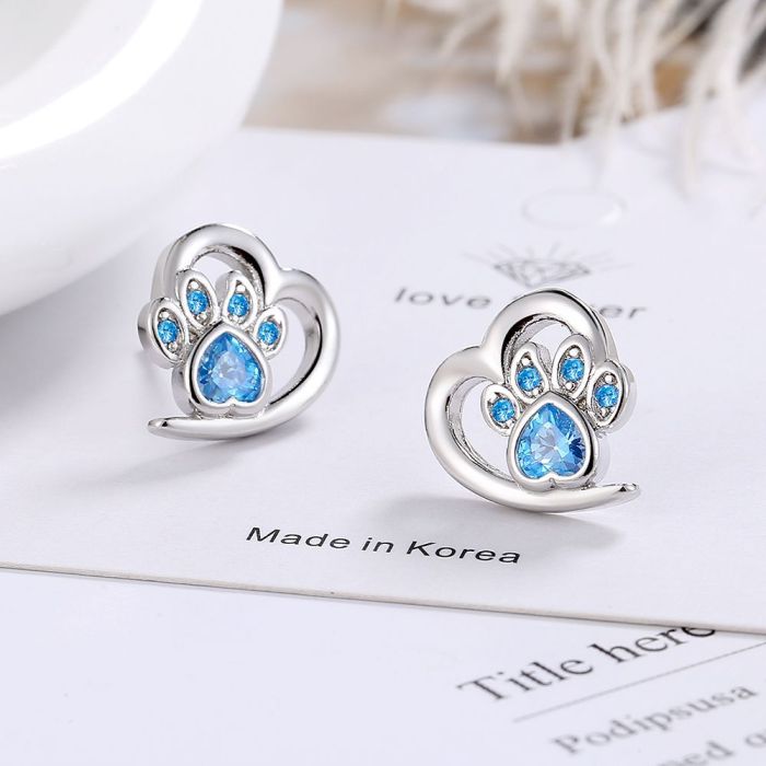 Heart-Shaped Blue Heart-Shaped Zircon Stud Earrings Compact Temperamental Sweet Cute Cat Claw