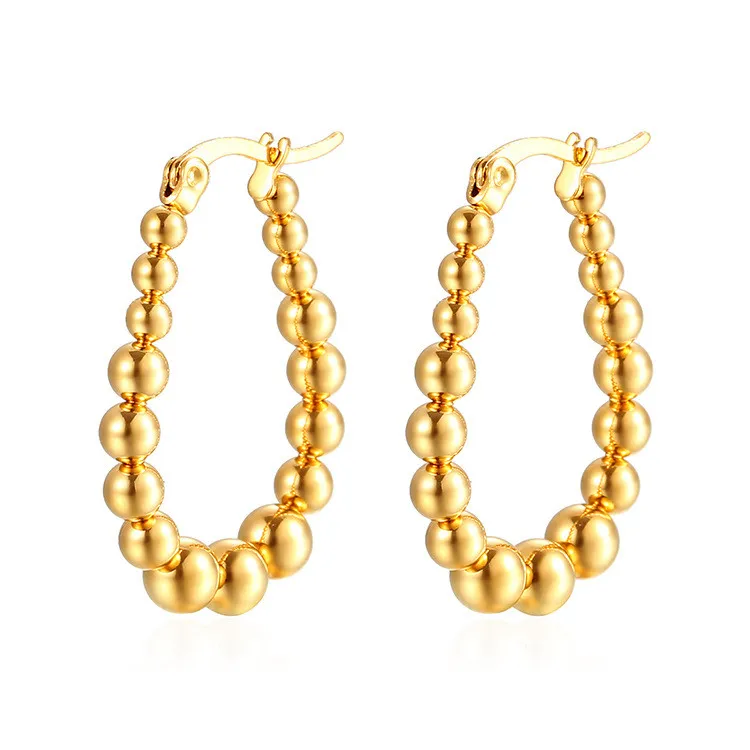 Stainless Steel Earrings Woman Jewelry Gold Color Big Beads Mixed Hoop Earrings Elegant Hoops Women