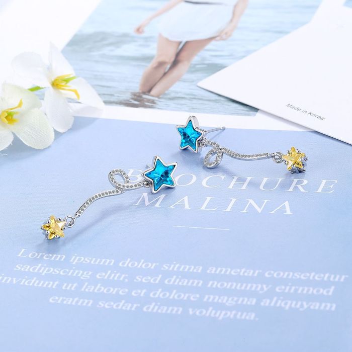 Blue Little Star Earrings Sweet Cute Simple Long Pentagram Zircon Mini Earrings