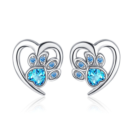 Heart-Shaped Blue Heart-Shaped Zircon Stud Earrings Compact Temperamental Sweet Cute Cat Claw
