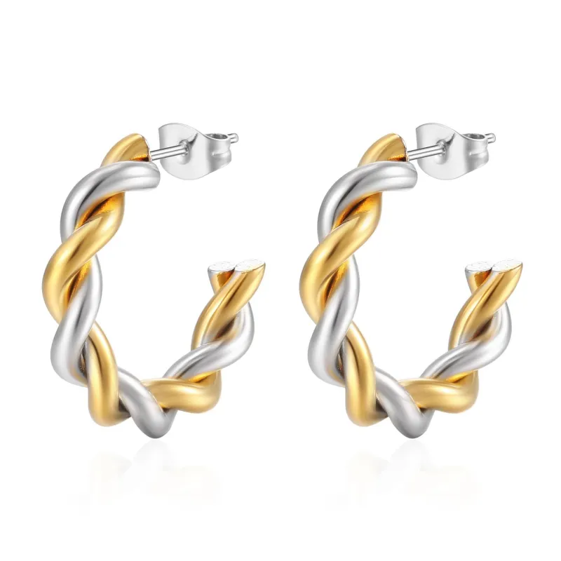 Vintage Style Stainless Steel Hoop Earrings Double Twist Design Retro Earrings for Women