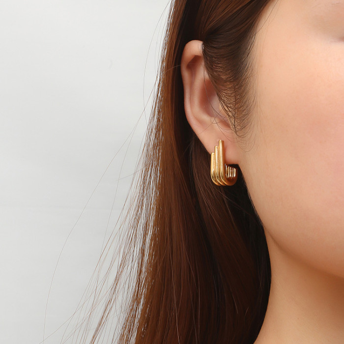INS Fashion Multi Layer Gold Plated 18K Stainless Steel Stud Earrings for Women Texture U Shaped Earring Waterproof Jewelry