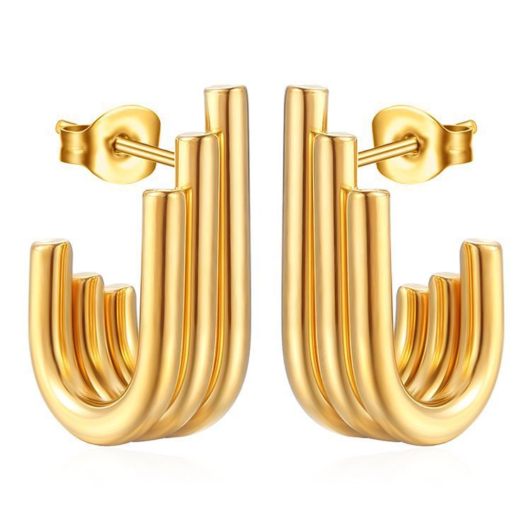 INS Fashion Multi Layer Gold Plated 18K Stainless Steel Stud Earrings for Women Texture U Shaped Earring Waterproof Jewelry