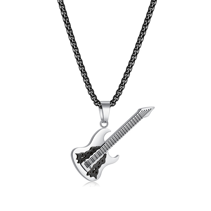 Personality Street Rock Music Stainless Steel Guitar Pendant Trendy Men Hip Hop Style Titanium Steel Necklace