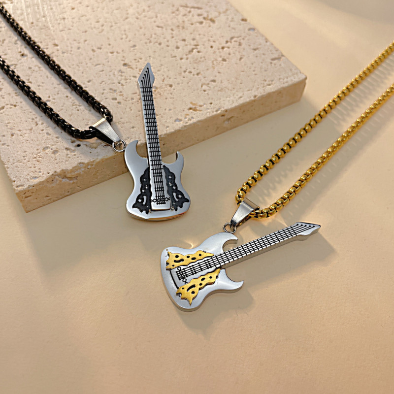 Personality Street Rock Music Stainless Steel Guitar Pendant Trendy Men Hip Hop Style Titanium Steel Necklace