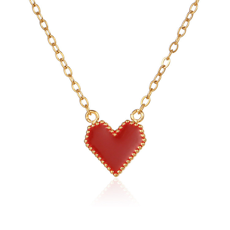 Love Stainless Steel Paint Plated 18K Gold Vintage Peach Heart Red Necklace for Women