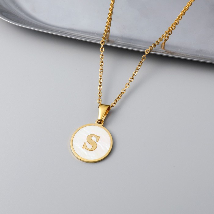 Round 18K Stainless Steel Shell Female Women Fashion 26  Letter Pendant  Necklace