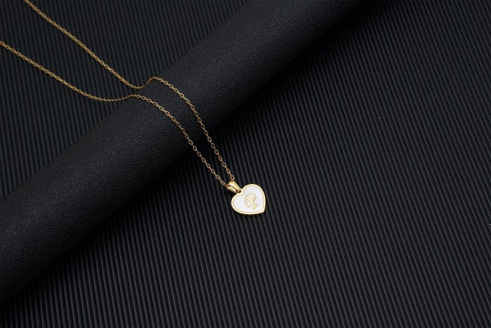 18K Gold Love Women's Stainless Steel Heart-Shaped White Shell  26 Letter Pendant Necklace