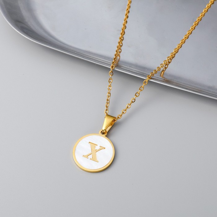 Round 18K Stainless Steel Shell Female Women Fashion 26  Letter Pendant  Necklace