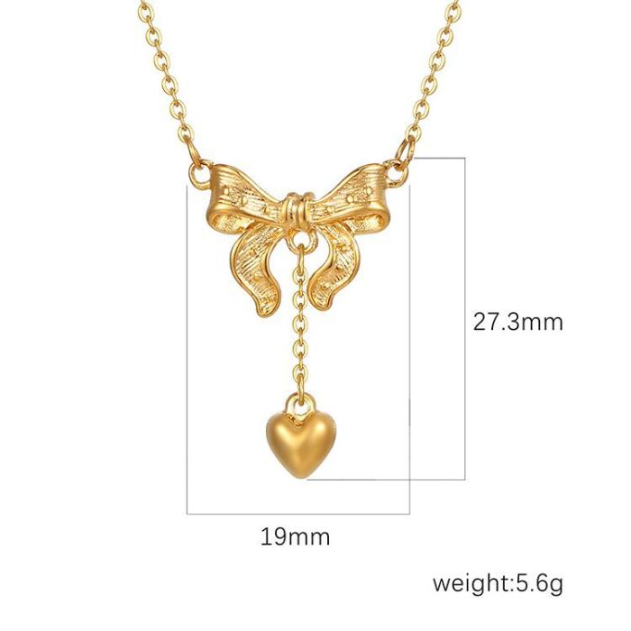 Stainless Steel Bow Pendant Necklace Vintage 18K Plated Women's Necklace