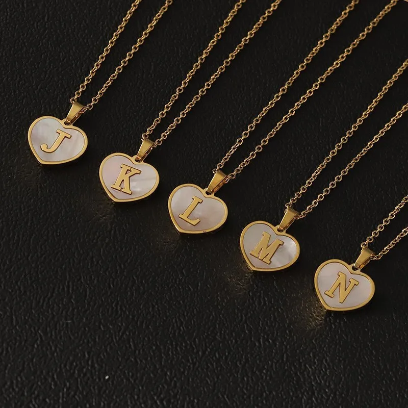 18K Gold Love Women's Stainless Steel Heart-Shaped White Shell  26 Letter Pendant Necklace