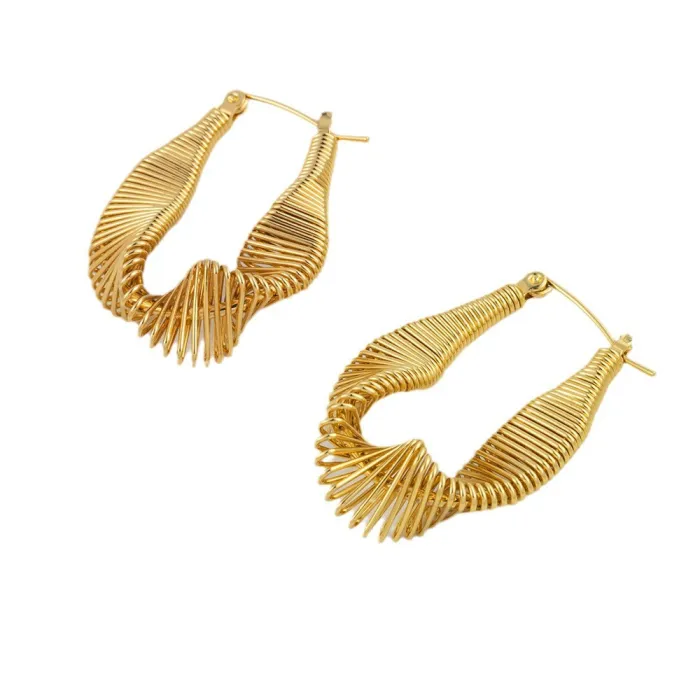 Ins Exaggerated Personality 18K Plated Stainless Steel Pleated Rib Twisted Earrings Non-Fading Women's
