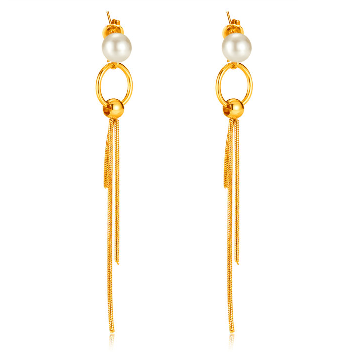 Fashion Ol Retro New Chinese Temperament Stainless Steel Gold Plated Long Fringe Earrings