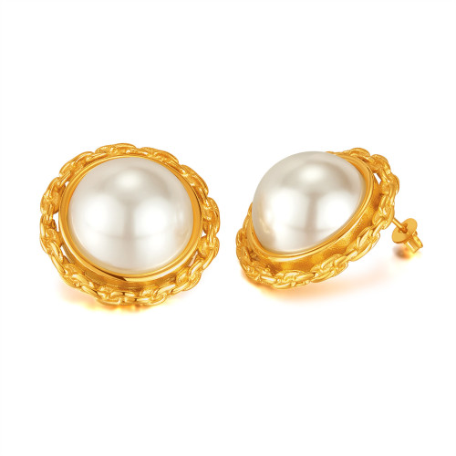 Retro Light Luxury Stainless Steel High-Grade Gold-Plated Earrings Fashionable Simple Pearl Earrings for Women