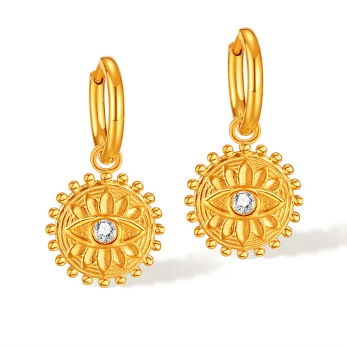 Retro Round Brand Stainless Steel Design Lotus Inlaid Zircon Eyes Earrings for Women