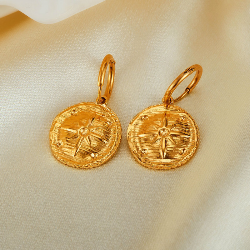 Retro Stainless Steel round Board Sun Texture Earrings Simple Gold Plated Earrings