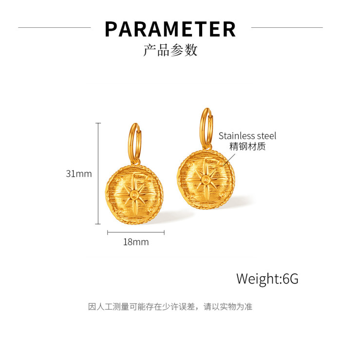 Retro Stainless Steel round Board Sun Texture Earrings Simple Gold Plated Earrings