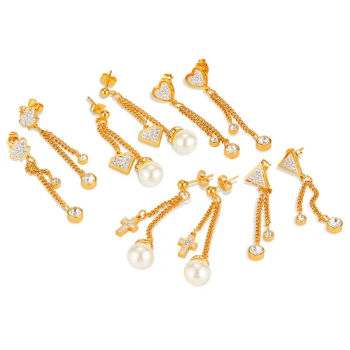 Retro Temperament Stainless Steel Cross Shelf Crown Peach Heart Geometric Tassel Earrings