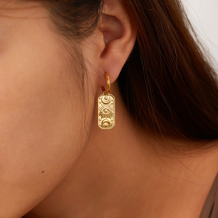 Fashion Retro High-Grade Gold-Plated Stainless Steel Geometric Moon Eye Earrings