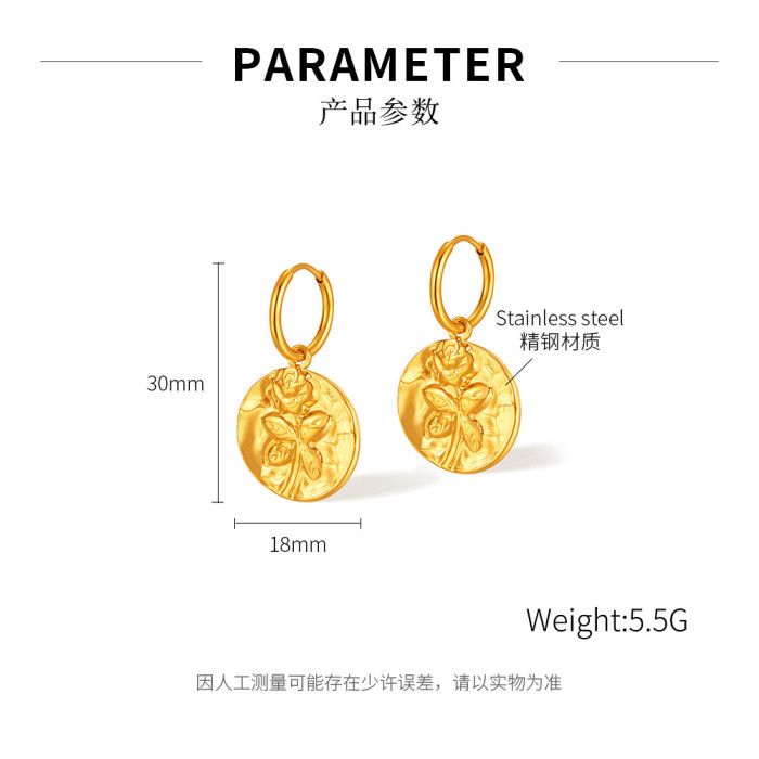 Retro Affordable Luxury High-Grade Stainless Steel round Board Rose Earrings