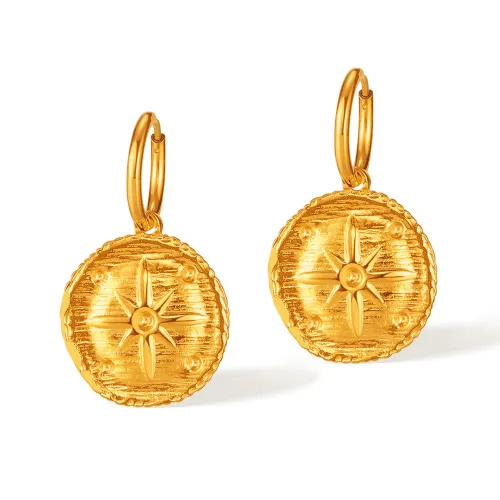 Retro Stainless Steel round Board Sun Texture Earrings Simple Gold Plated Earrings