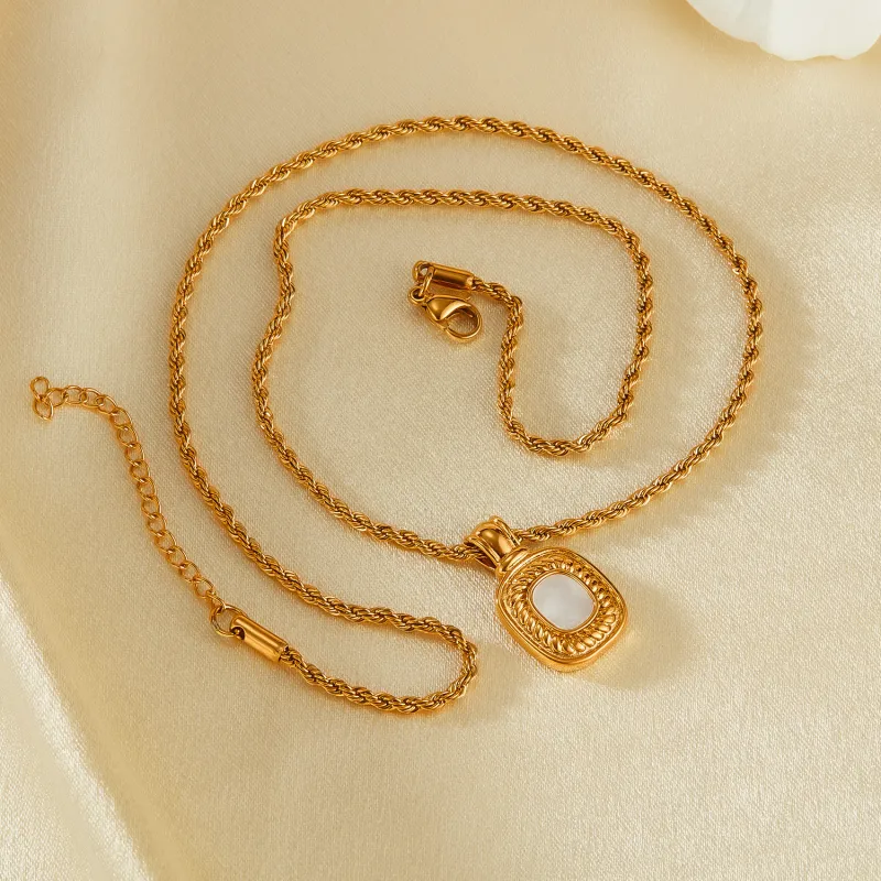Fashion Retro Stainless Steel Gold Plated Square Mother Shell Pendant Necklace