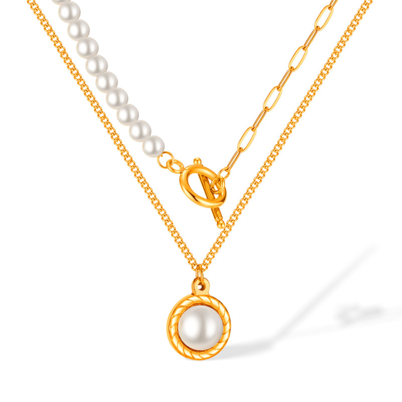 Retro Stainless Steel Elegant Pearl Pendant Double Layer OT Buckle Necklace