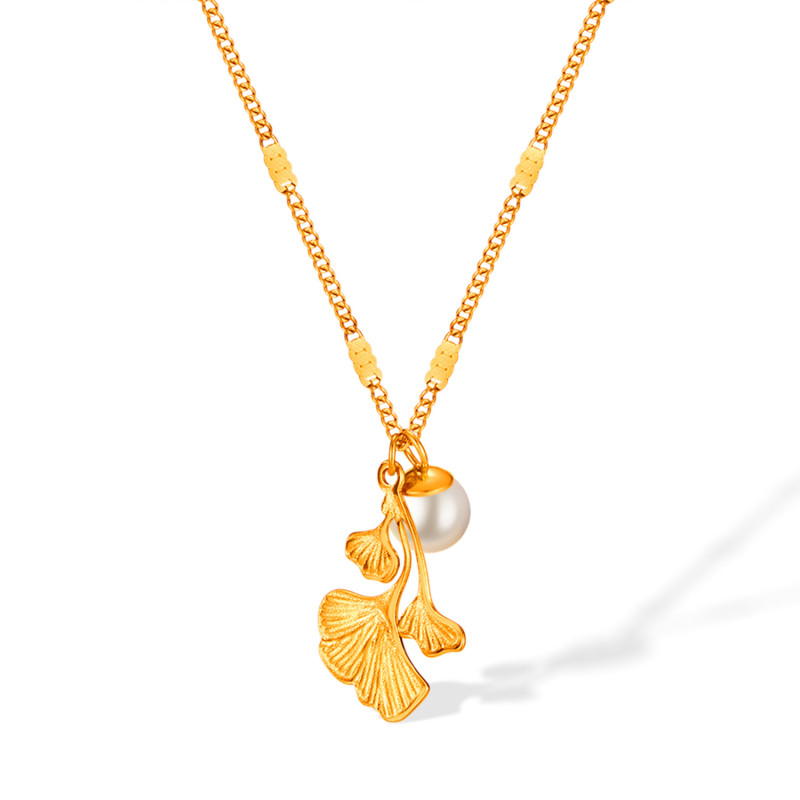 Stainless Steel Sansheng Lucky Ginkgo Leaf Pearl Pendant Necklace