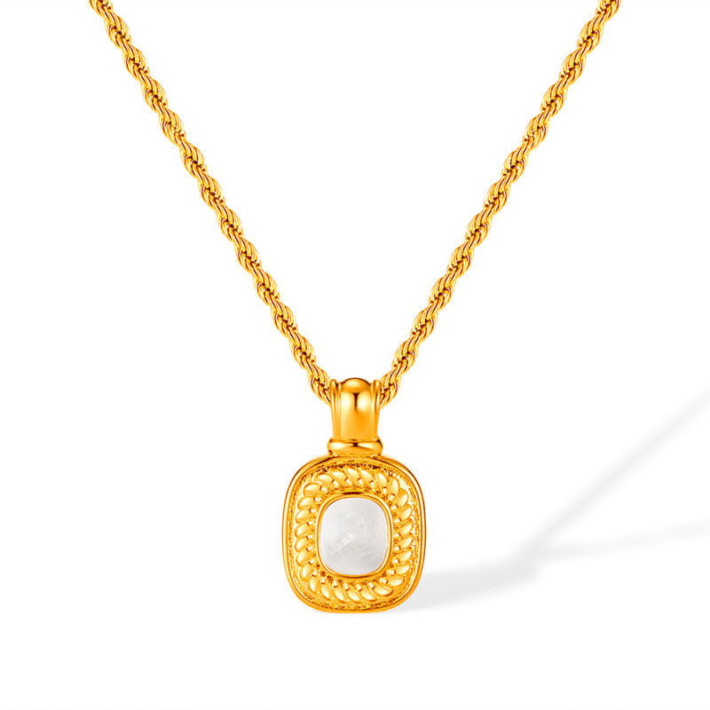 Fashion Retro Stainless Steel Gold Plated Square Mother Shell Pendant Necklace