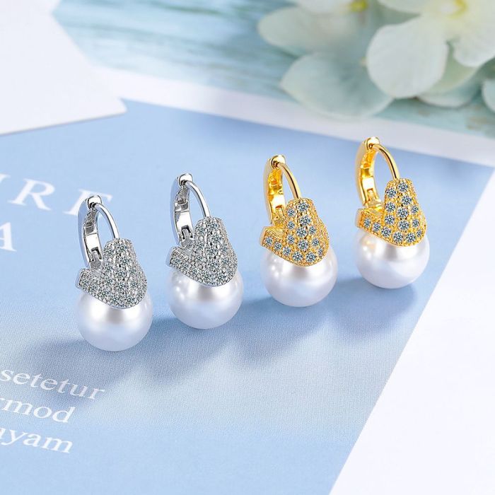Retro Shining Diamond Zircon Large Pearl Earrings