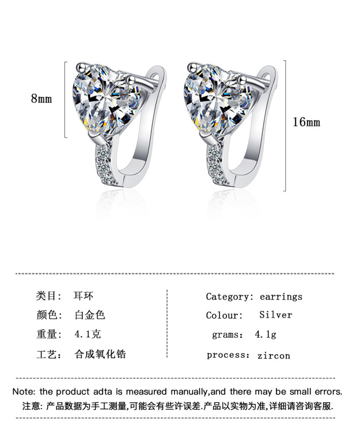 Love Heart Earrings Women's Korean-Style Rhinestone Zircon Earrings