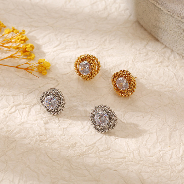 Stainless Steel Rose Zircon Stud Earrings