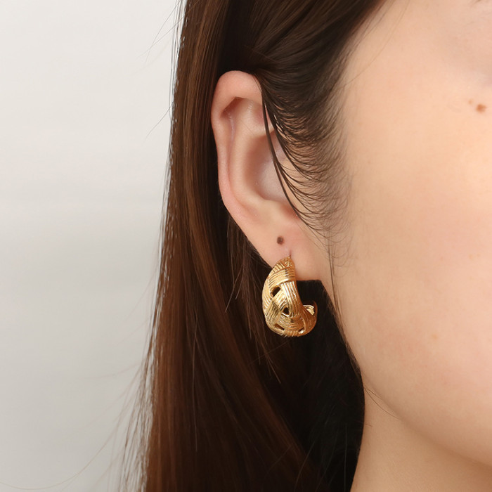 Grid Pattern Semicircle Stainless Steel Earrings